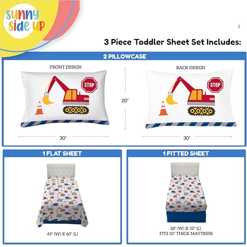Image of Sunny Side Up Construction Zone Toddler Sheet Set - 3 Piece Toddler Bedding Set Includes Pillow Cover - Super Soft Trucks Microfiber Sheets