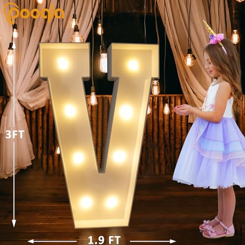 Image of Pooqla 3FT Marquee Light Up Letters, Cool White and Warm White LED Big Mosaic Marquee Letters 3 Feet, Giant Letter Sign for Balloons Birthday Anniversary Wedding Party Decoration, Letter V