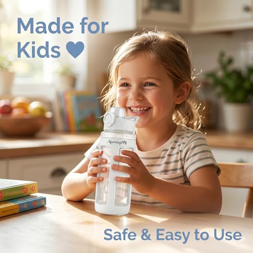 Image of Atarangi Round Kawaii Water Bottle 700ml for Kids | Leak Resistant Flip Top Lid | Rotatable Handle | Durable Plastic Drinking Bottle for School, Travel & Daily Use (White)