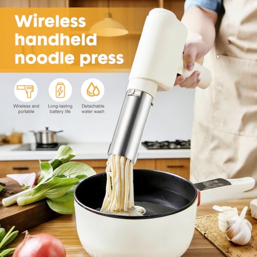 LOMUG Vermicelles Presse, Nudelmaschine Elektrische Handheld, Tragbare Wiederaufladbare Pastamaschine mit 5 Pressformen, Pasta Maker Kabellos für Reisen Picknick Familie Hausgemachte Spaghetti