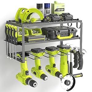 Power Tool Organizer, Heavy Duty Iron, 3 Layers Storage Rack with 4 Drill Holders, Floating Tool Shelf Wall Mounted, Matte Black, Work Shop, Garage, 150Lbs Load Capacity