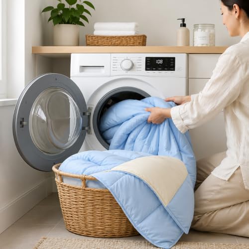 Image of Single Lightweight 200 GSM Comforter, Light Blue & Ivory