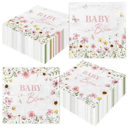 Baby in Bloom Baby Shower Napkins - 48pcs Wildflower Themed Baby Shower decorations Baby in Bloom Napkins for Wildflower BabyShower Decorations Party Supplies 13x13 inches (Pink)