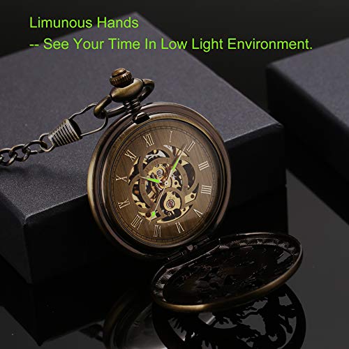 Sibosun Mechanical Pocket Watches Mens, Lucky Phoenix And Dragon, Skeleton Pocket Watch, Black Antique Roman Numerals Box #TOP3