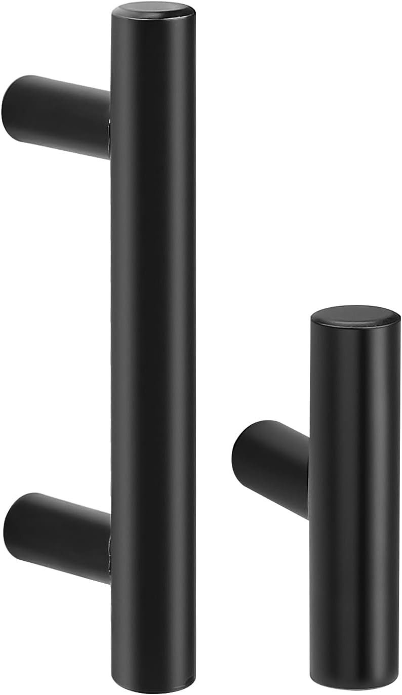 Probrico 10 Pack 2-1/2" Black Cabinet Handles and 5 Pack Single T Bar Cabinet Knobs Bundle, Stainless Steel Drawer Handles Black Cabint Pulls