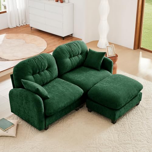 Image of KEIKI 74 inch L-Shaped Oversized Chenille Modular Sectional Loveseat Sofa with 1 Ottoman, High-Density Foam Cushions, Tufted Pleated Cushion Backrest, 2-Seater Couch with 2 Pillow, for Living Room, Green