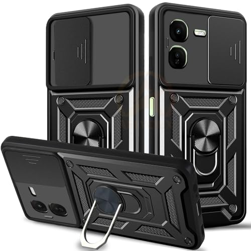 Image of Armor Bumper Back Cover Case for IQOO Z9X Rotating Camera Cover, Ring Holder & Kickstand | Heavy Duty & 360 Degree Protection IQOO Z9X Back Cover (Black)