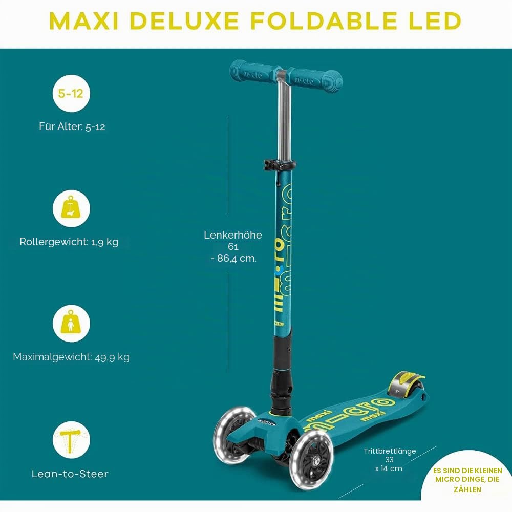 Micro Kickboard | Maxi faltbarer LED-Kinder-Scooter für Kinder von 5–12 Jahren | Kinder bis zu 50 kg | 3-Rad-Lean-to-Steer-Design | verstellbare T-Stange | Leichtgängige Fahrt, bewegungsaktivierte