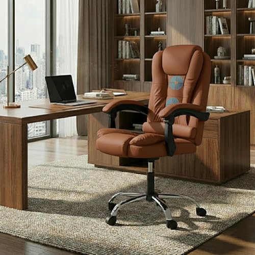 Image of Casa Copenhagen Italia Premium Leatherette Office Chair for Work | Boss Chair, Ergonomic Executive, Luxurious Cushioned Arms & Seat, 2 Point Back Massager, Heavy Duty Metal Base (Mud Brown)