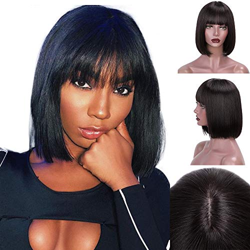 Vigorous Bob Human Hair Wigs with Bangs for Women Realistic Silk Base Top Hairline 130% Density Brazilian Virgin Hair Wigs Straight Hair with Flat Bangs Short Bob Bangs Wig Natural Black Color 12”