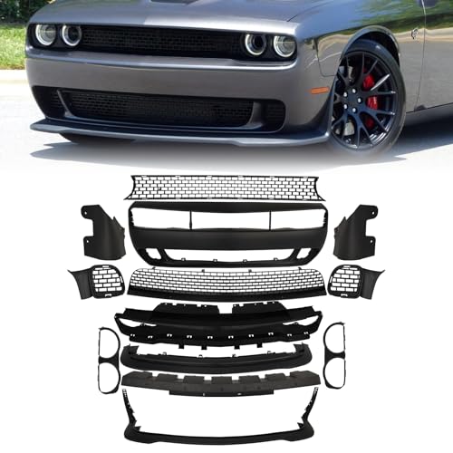 KARPAL 13PCS Front Bumper Kit Upper Lower Grille & Bumper Conversion Cover & Lip and Fog Light Covers Compatible with 2015-2023 Dodge Challenger Hellcat Style w/Grille Lip