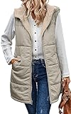 ECOWISH Womens Long Puffer Vest: Winter Casual Zip up Fleece Coat Sleeveless Lapel outerwear with Pockets Light Khaki Large
