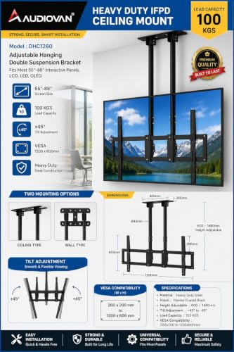 Image of AUDIOVAN Heavy Duty Ceiling Mount for 65 inch- 120 inch Interactive Panels, Dual Pole Wall & Ceiling Stand, Max VESA 1200x600mm,100kg Load Capacity,Height Adjustable, ±45 Tilt (Fixed Ceiling Mount DHC-1260)