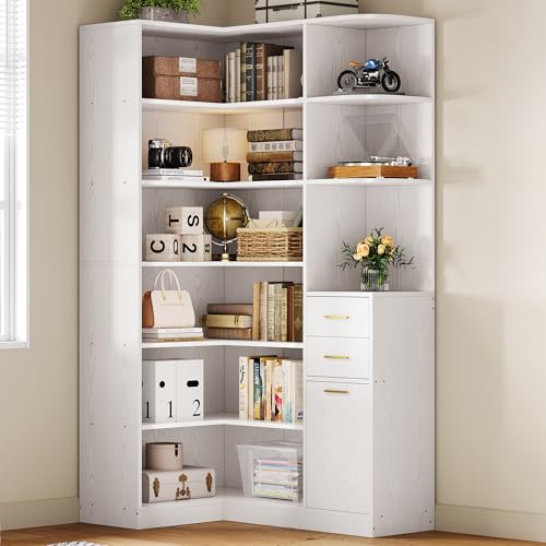 IRONCK Corner Bookshelf, 76' Tall Corner Bookshelves, 6 Tiers L-Shaped Bookcase with 10 Open Shelves and 2 Storage Drawers for Living Room or Home Office