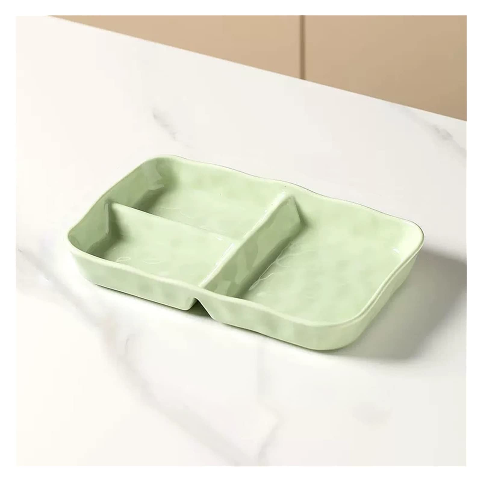 3 Section Compartment Fat Reduction Plate Ceramic Divided Portion Plate Dinner Plates Dinnerware Set for Kitchen (Color : Green, Size : 1 plate)