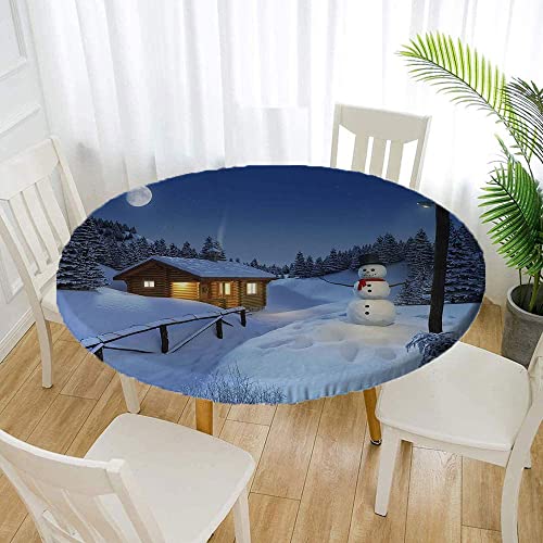 Christmas Round Tablecloth With Elastic Edge, Wooden Rustic Log Cottage Scenery In The Winter Season Warm Moonlight, For Dining Tables, Buffet Parties And Camping, Fit For 36" Table, White Blue #TOP1