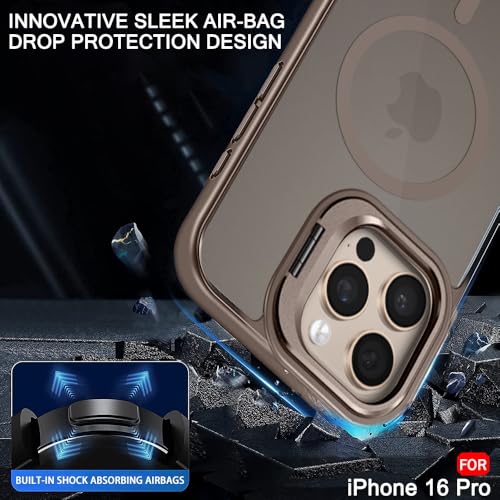 Image of TheGiftKart Hybrid Matte Frosted Back Cover Case for iPhone 16 Pro Compatible with MagSafe | Built-in Stand | Shockproof Hard Back Cover Case for iPhone 16 Pro (PC & TPU, Desert Titanium)