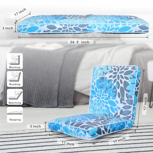 Image of JMGBird Floor Chair with Back Support - Adjustable 5-Position Gaming Chair, Waterproof Light Blue Floral Print, Indoor Outdoor Meditation Cushion