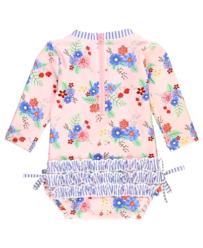 Image of RuffleButts Baby Girls UPF 50+ Sun Protection Floral Printed Long Sleeve One Piece Rash Guard Swimsuit with Zipper