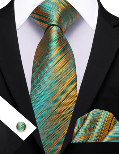 Image of Barry.Wang Tie Sets for Men Silk Stripe Necktie Woven Checkered Handkerchief Cufflinks Formal Business Wedding
