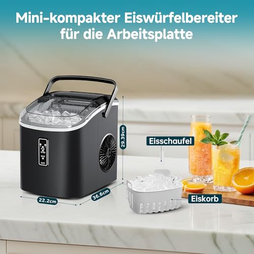 EUHOMY Eiswürfelmaschine Klein, 9 Würfel in 6 Minuten Bereit, 12 Kg/Day, Selbstreinigend, Tragbare Eismaschine Mit Tragegriff, Korb Und Schaufel, 2 Größen Von Eiswürfeln Für Zuhause, Küche, Schwarz