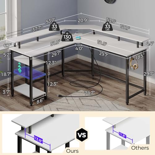 Image of Rolanstar Computer Desk 56 inch with Power Outlets USB Ports & LED Strip,Reversible L Shaped Desk with Monitor Stand & Storage Shelf,L Shaped Gaming Desk with Hooks,Home Office Desk,White