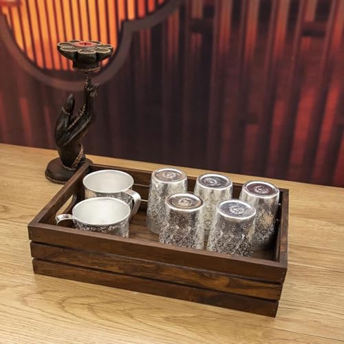 Plateau repas bois massif rétro table basse assiettes thé - 7