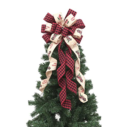 Atiming Christmas Tree Topper Large Red Black Buffalo Plaid Christmas Tree Topper Wreath Bows With Streamers Christmas Tree Truck Rustic Burlap Christmas Tree Toppers Decorations 35X90Cm #TOP4