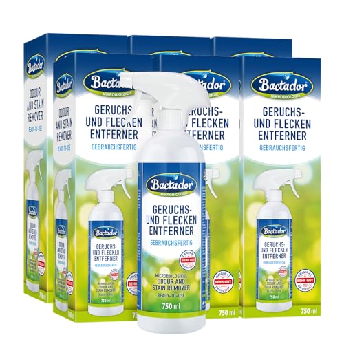 Bactador Enzymreiniger 6 x 750ml - Geruchsentferner & Fleckenentferner Spray 750ml - Mikrobiologischer Geruchsneutralisierer - Hundeurin/Katzenurin Entferner - Porentiefe Reinigung in Haushalt
