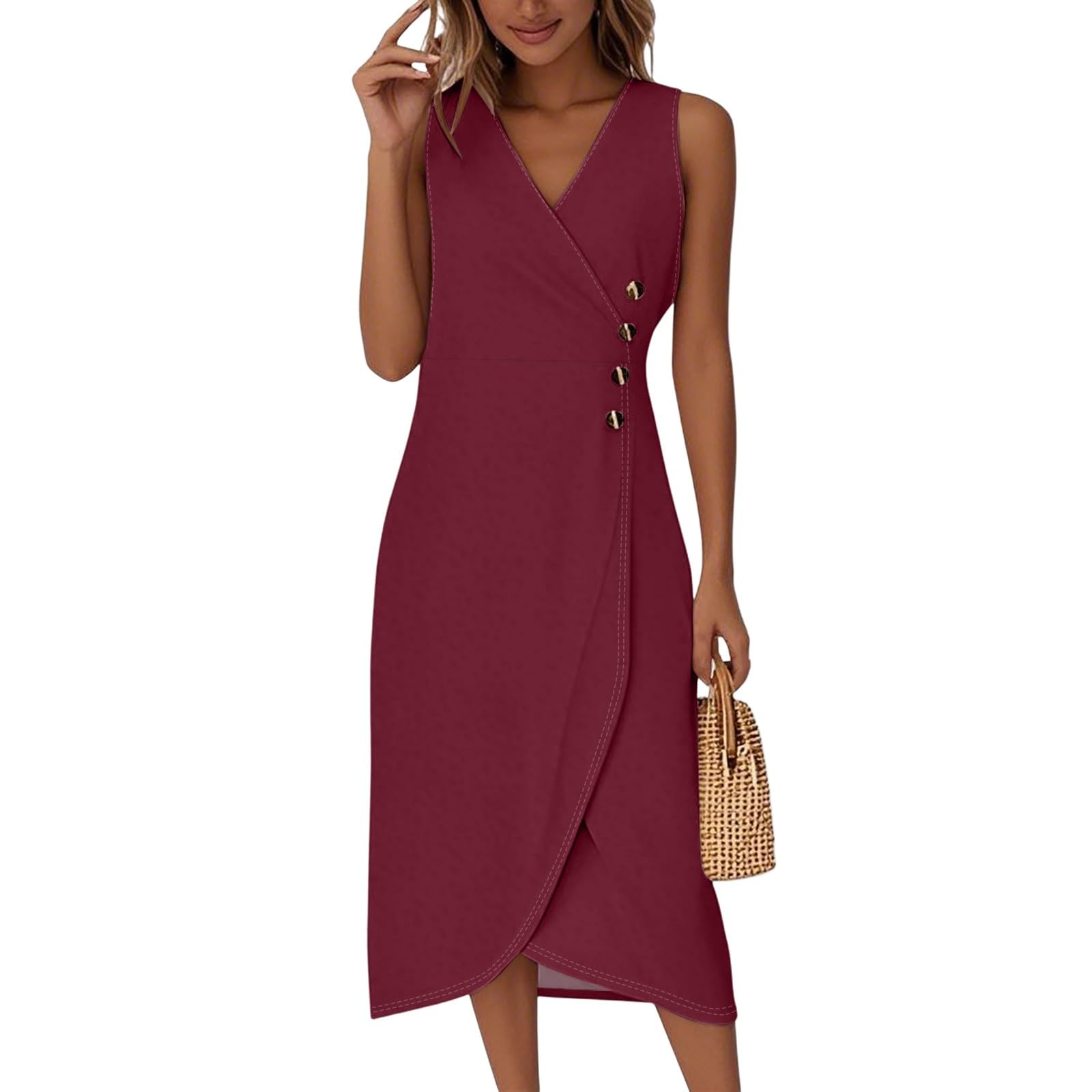 Tank Dress for Women Slit Overlapping Hem Sleeveless Wrap Dresses V Neck Button Down Empire Waist Dress Trendy Modest Elegant Formal Business Midi Sundresses Vintage Business Summer Sundress