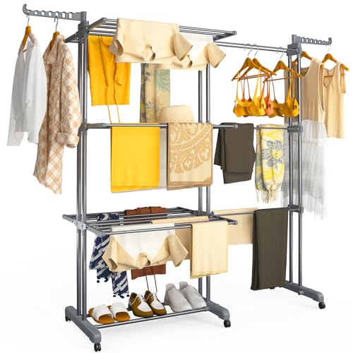 vounot® Étendoir à Linge Extensible à 4 Niveaux 190x64x170cm Séchoir Vertical Pliable Grande Capacité avec roulettes Ailes...