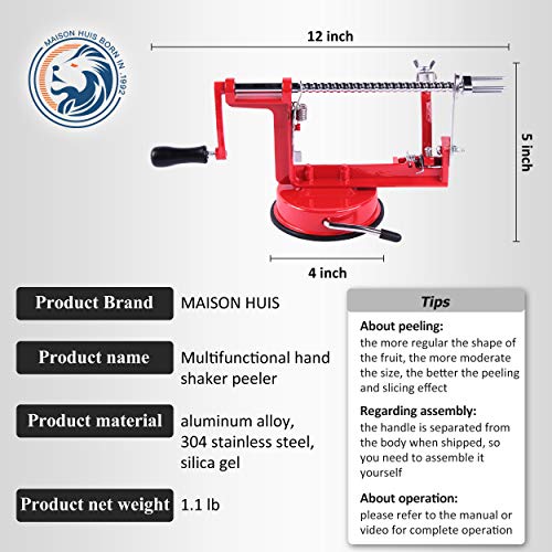 MAISON HUIS 3-in-1 Cast Apple/Potato Peeler Slicer Corer Stainless Steel Blades Red Hand-cranking Machine Durable Heavy Duty Die Cast Magnesium Alloy Peelers Slicer Fruit Vegetable Peeler for Kitchen