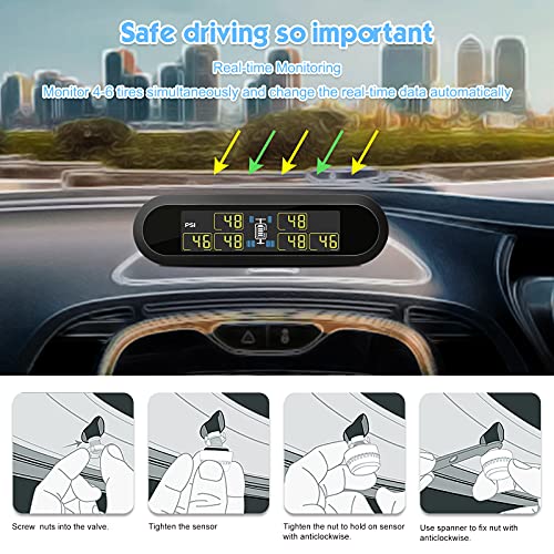 B-Qtech Tire Pressure Monitoring System Rv Solar Wireless Tpms For Trailer Travel Motorhome(0~199Psi) With 6 Sensors, 5 Alarm Modes Tire Pressure Real-Time Monitor Alarm System, Brightness Adjustable #TOP5