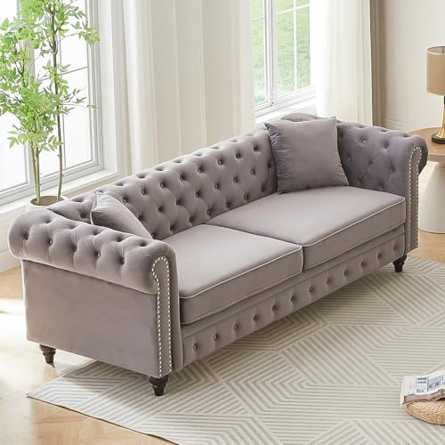 Image of Modern Chesterfield Sofa Couch, 85.5-inch Velvet Fabric 3-Seater Sofa with Rolled Arms and Tufted Button for Living Room, Office, Light Grey