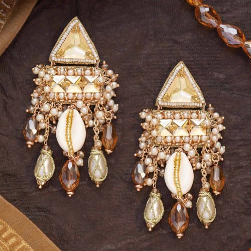 Image of SANJOYA by EVERSTYLISH Embroidered Earrings for Women | Pastel Stone & Beaded Dangler Earrings | Ethnic Jewelry for Weddings, Festivals & Special Occasions