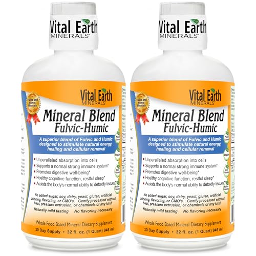 Vital Earth Minerals Fulvic Humic Mineral Blend Liquid 2-Pack Fulvic Acid Supplement with 70+ Trace Minerals Electrolytes for Recovery Balance & Energy 32 Oz Ea + 1 Oz Cup Ea