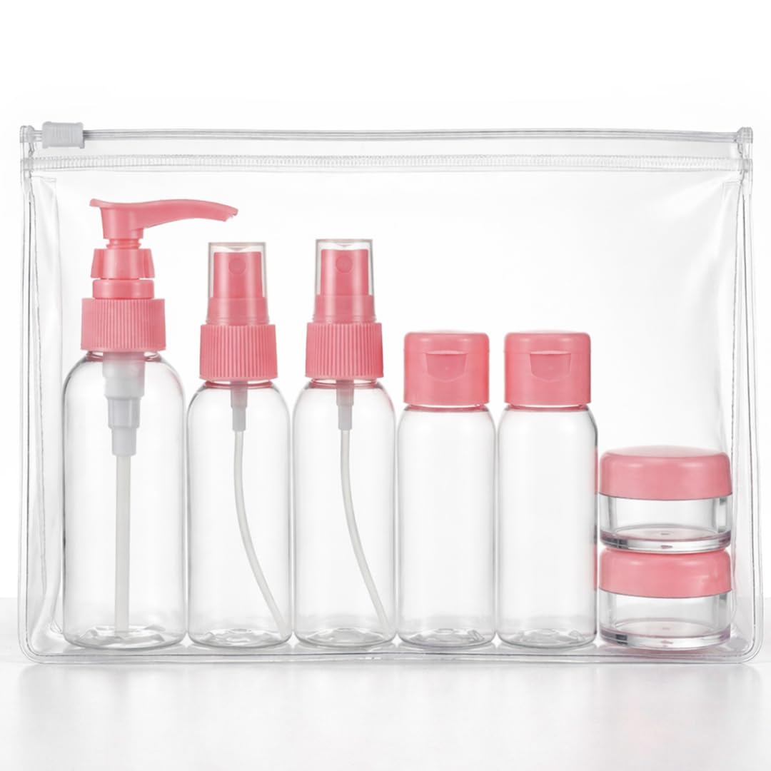 Empty Refillable Travel Bottles for Toiletries Leak Proof Empty Mini Containers & Spray Bottle with PVC Travel Pouch, Cosmetic Travel Accessories Kit for Shampoo, Lotion, Cosmetics-7 Pcs-image-8