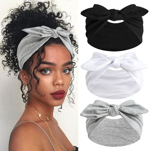 SAWINDA 3Pack Black Bow Headbands for Women Boho Wide Head Bands for Womens Hair Valentines Non Slip Elastic Hair Bands Soft Headwraps Workout Yoga Turban Hair Accessories