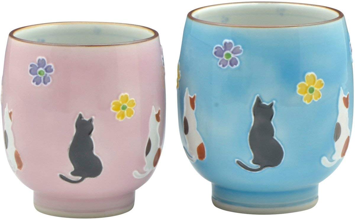 Amazon | 京焼 清水焼 組湯呑 夫婦湯呑み 2客セット 交趾花ねこ UIH958 