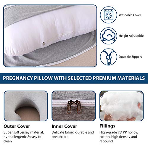Image of U-Shaped Full Body Pregnancy Pillow for Sleeping - 57 inch Maternity Pillow with Removable Cover, Support for Back, Legs, Belly & Hips (Jersey-LightGrey)