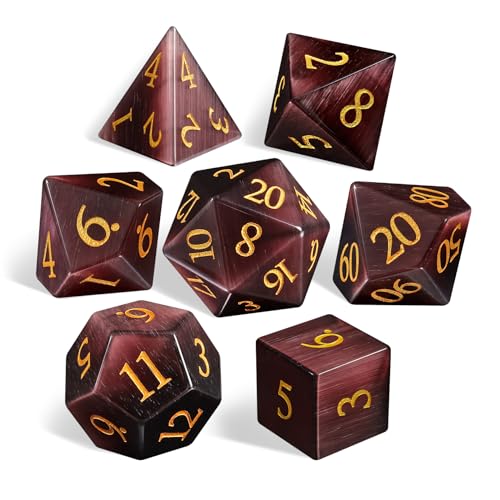 Gemstone Dice Set, 7-Piece Handcrafted Polyhedral Dice with Gold Engraving, Ideal for D&D, RPG, MTG & Tabletop Games, Gift Box Included (CE-Purple Red)