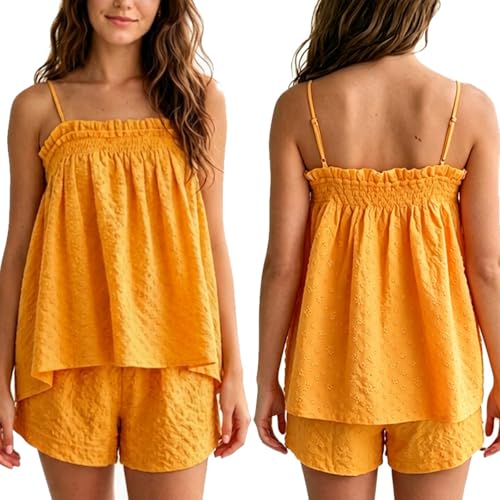 Image of SOOKABEILA Women 2 Piece Lounge Set Sleeveless Striped Cami Peplum Top Boxer Shorts Loose Ruffle Matching Pj Sets Outfits