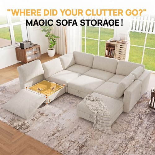 Image of 128 inch Modular Sectional Sleeper Sofa, 8 Seaters Chenille Modular Sectional Sofas, Sleeper Sofa Bed with Storage & Ottoman, Sleeper Couch with Removable Covers, Beige Sectional Couches for Living Room