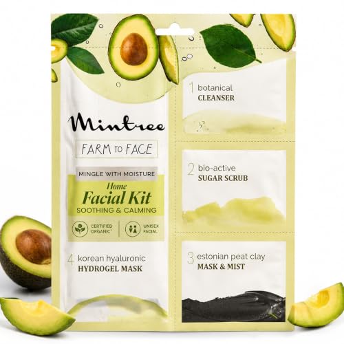 Image of Mintree Avacado Brightening Home Facial Kit for De-Tan, Skin Radiant Glow & Intense Hydration with Korean Sheet Mask Collagen and European Peat Clay | Anti-Aging Skincare Facial kit for Women & Men for Glowing Skin