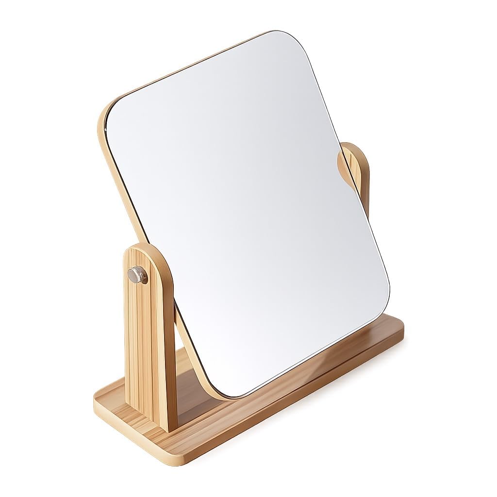 Wooden Tabletop Makeup Mirror, Rectangular 360 Degree Adjustable Vanity Mirror with Portable Stand for Dressing Table, Desk, Bathroom, Living Room, Grooming & Shaving-image-3