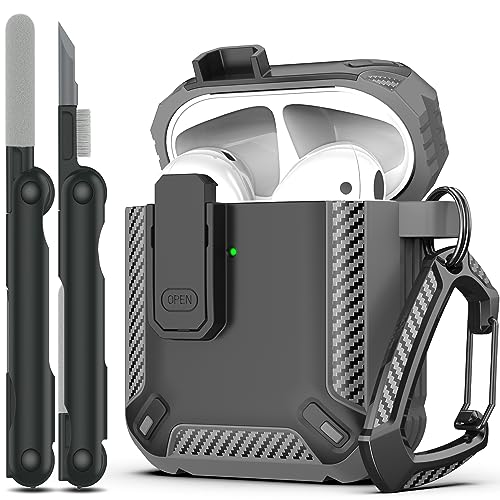 RFUNGUANGO Compatibile con AirPods Cover Custodia kit di pulizia, armatura protettiva militare con serratura Compatibile con custodia di ricarica AirPod Gen 1&2, Grigio