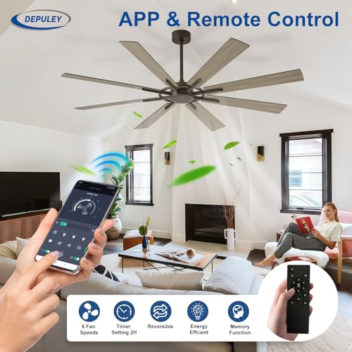 Image of Depuley Ceiling Fan Without Light: 66 Inch Big Indoor Outdoor Fan with Remote APP Control - Brown Wood Grain Large Ceiling Fan no Light 8 Blade Reversible Quiet DC Motor Memory Function Timer