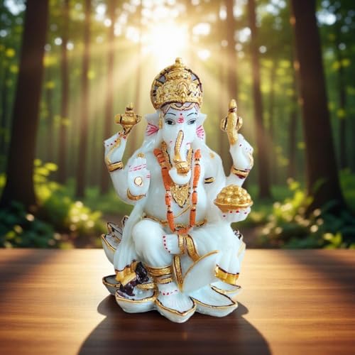 Image of YASHONIDHI Lord Ganesh Idol, 7 Inches, White and Gold Color, Marble Dust, Ganapati Murti, for Pooja Room, for Home Decor, Office Decoration, for Good Luck and Wealth, Gift for All Occasions
