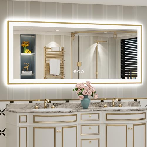 Image of 72x32 Gold LED Bathroom Mirror with Lights, Brushed Gold Framed Backlit and Front Lit Anti-Fog Lighted Vanity Mirrors for Bathroom Wall, Dimmable, 3 Colors, Memory, HD Tempered Glass, CRI 95