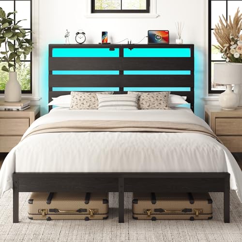Image of Rolanstar Full Size Bed Frame with LED Lights and Charging Station, Wood Storage Headboard and Under Bed Storage, Metal Platform, Noise Free, No Box Spring Needed, Balck Oak